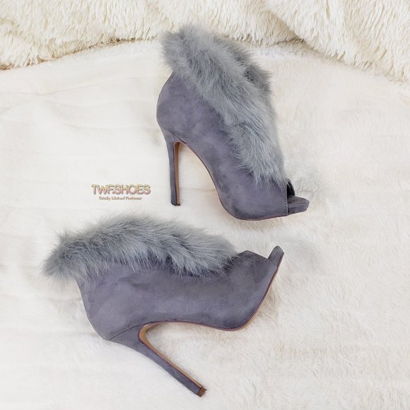 Liliana Shoes - Fur Trim Split Cut Front Peep Toe Ankle Bootie